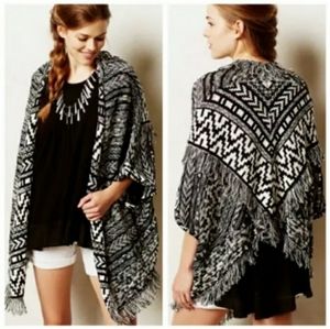MOTH Anthropologie Black White Fringed Intarsia Knit Open Cardigan Sweat…